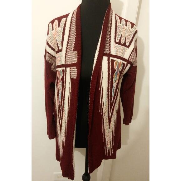 Xhilaration Southwestern Tribal Cardigan Women’s Maroon Open Front Boho Sweater - Picture 1 of 8
